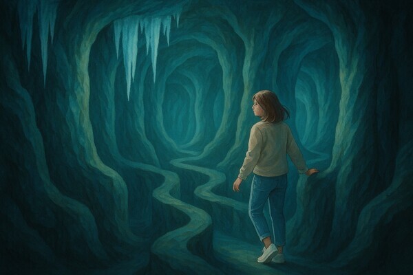 上顎6番_根管治療_ペル_複雑な3根管_迷路を進む女性_イラスト