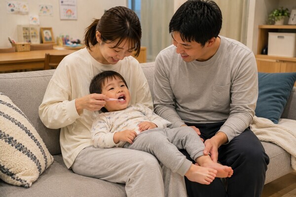 夜のリビングで母親の膝に頭をのせながら仕上げ磨きを受ける幼児と見守る父親